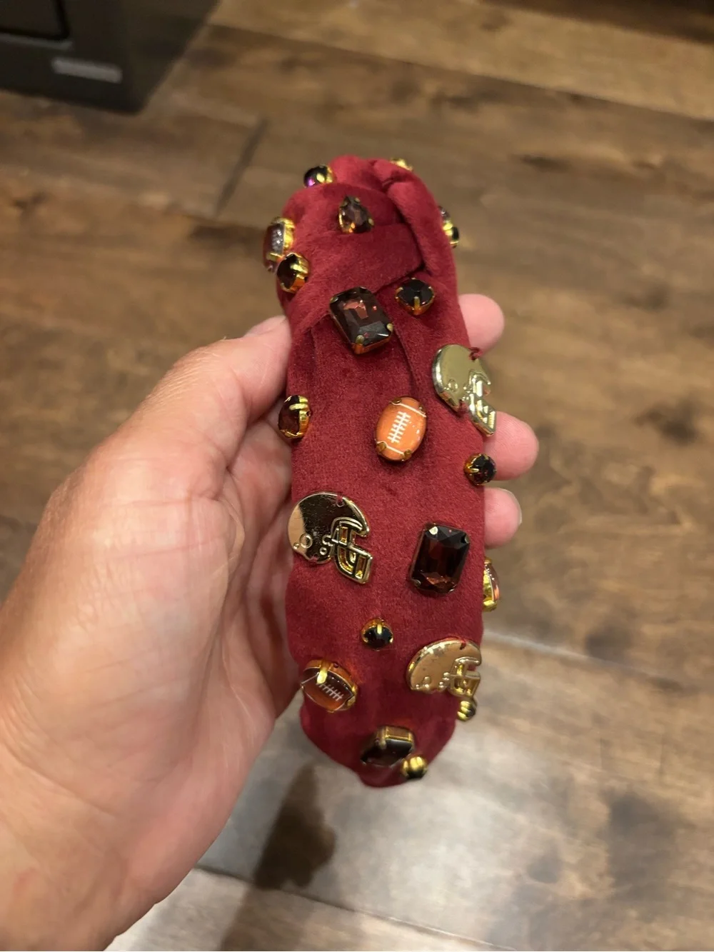 Brianna Cannon Embellished Burgundy Headband with Football and Jewel Accents